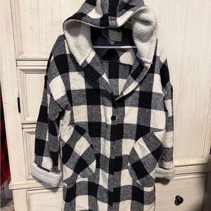 Plaid Black and White Teddy Jacket with Hood